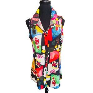 Retro 70s Colorful Sleeveless Button-Up Collared Blouse Top By Adore S Geometric